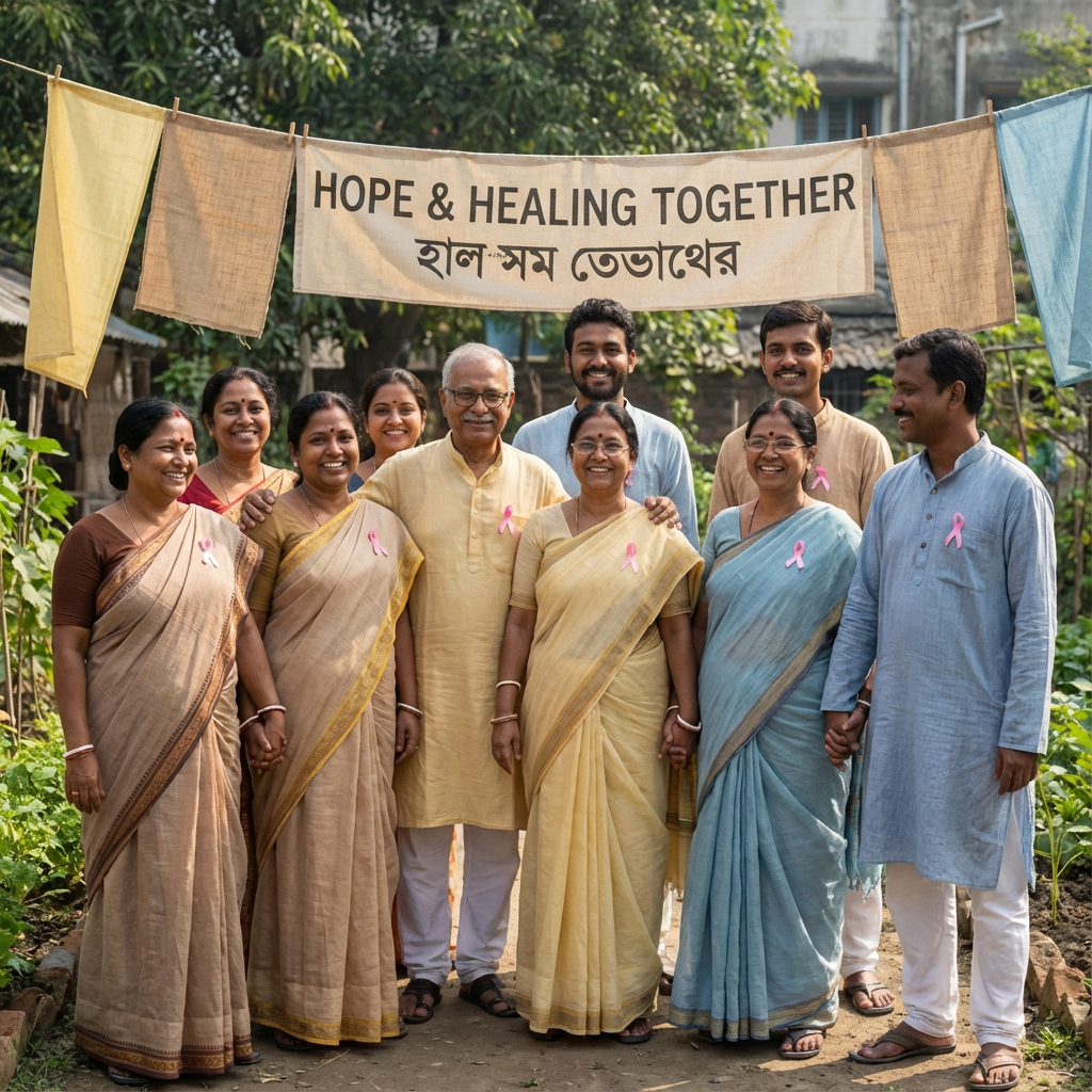 A supportive group of people with cancer awareness ribbons standing together
